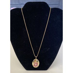 Vintage Necklace Gold Tone Locket Pendant Porcelain Rose Pink Rhinestones
